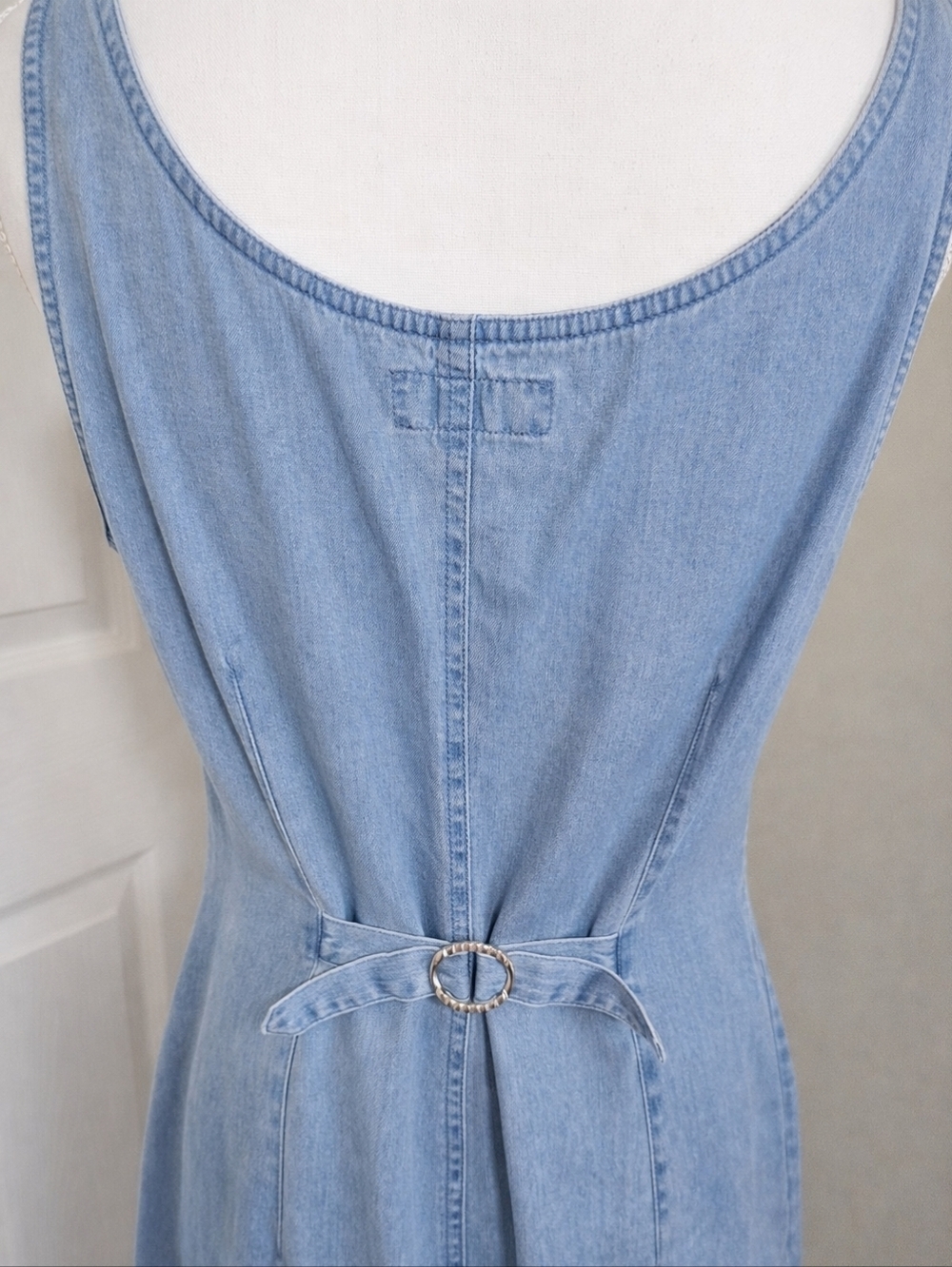 Y2K Denim Jumper Dress Coastal Cowgirl Tropical Monstera Midi Light Wash - Picture 9 of 13